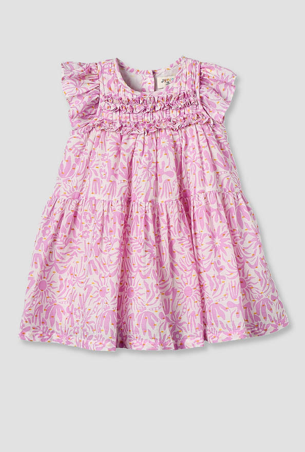Juniors Round Neck Cap Sleeves Knee Length A-line Dress with Ruffle Trim