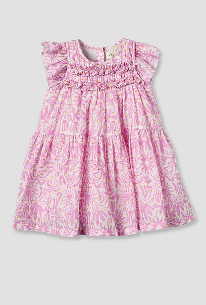 Juniors Round Neck Cap Sleeves Knee Length A-line Dress with Ruffle Trim