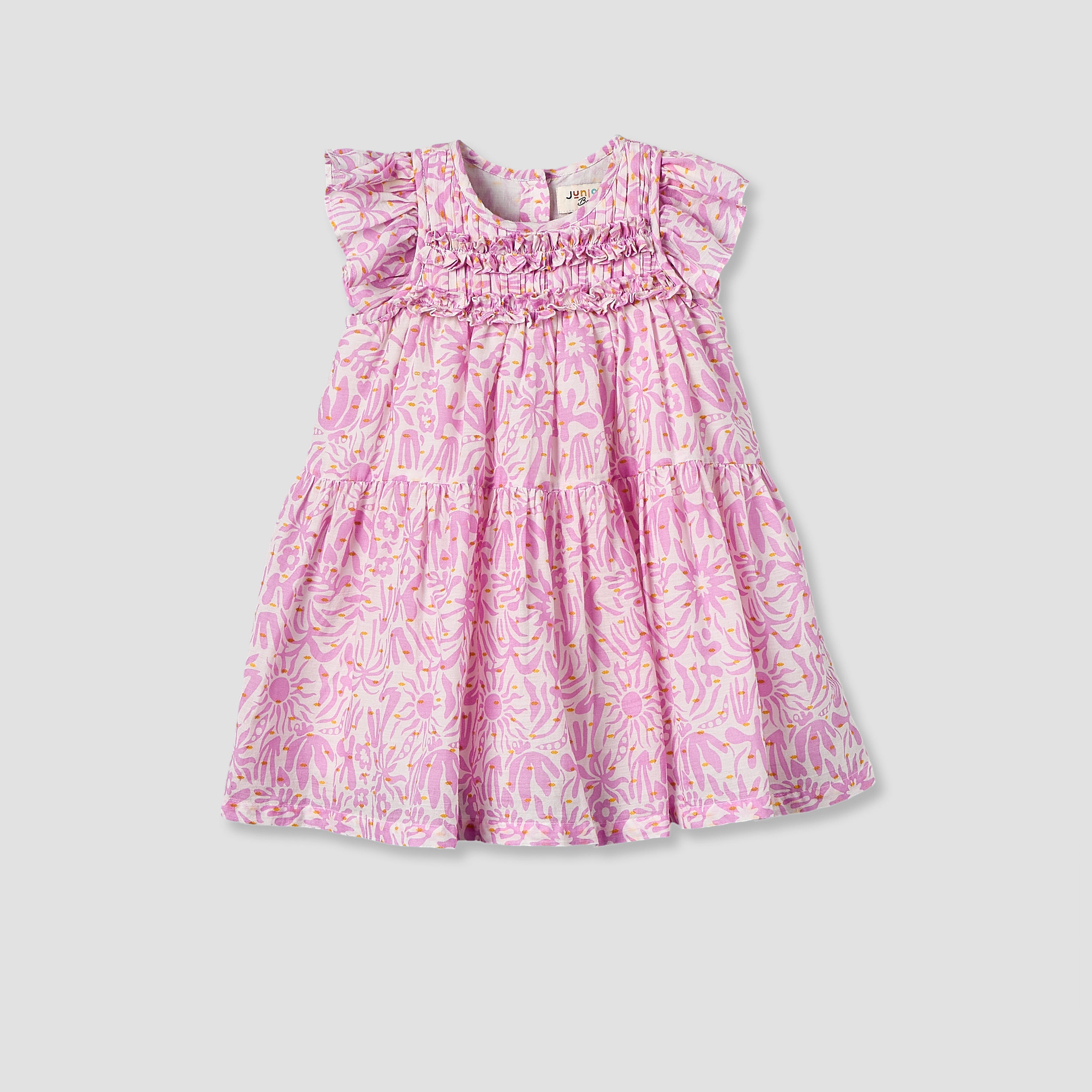 Juniors Round Neck Cap Sleeves Knee Length A-line Dress with Ruffle Trim - Pink / 24-36 mths
