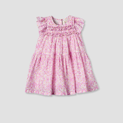 Juniors Round Neck Cap Sleeves Knee Length A-line Dress with Ruffle Trim - Pink / 24-36 mths