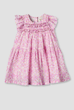 Juniors Round Neck Cap Sleeves Knee Length A-line Dress with Ruffle Trim