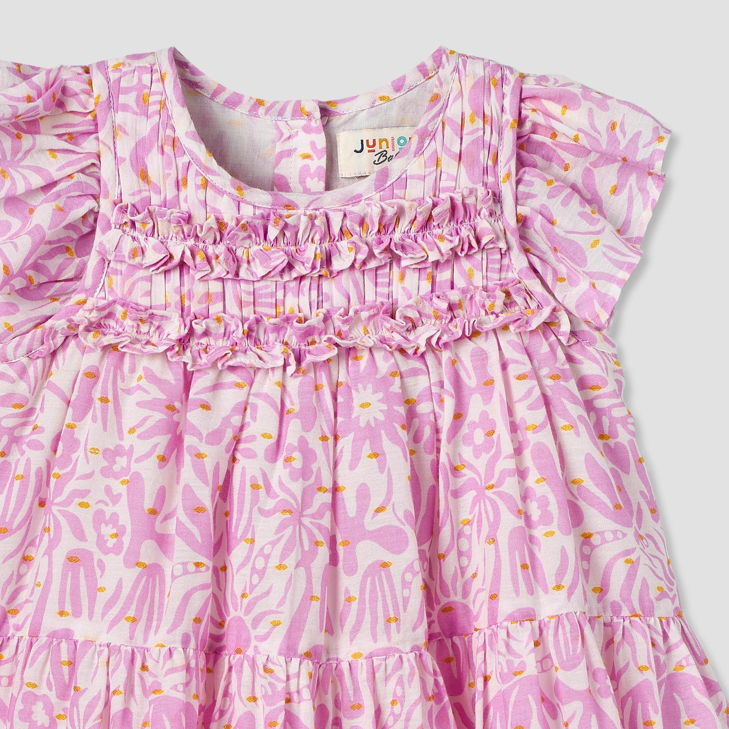 Juniors Round Neck Cap Sleeves Knee Length A-line Dress with Ruffle Trim