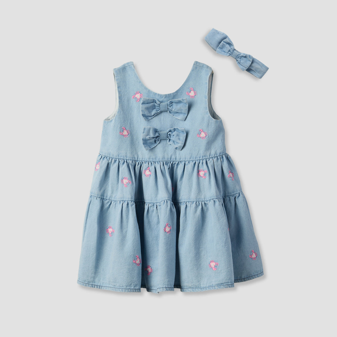 Juniors Round Neck Sleeveless Knee Length A-line Denim Dress with Headband - Blue / 24-36 mths