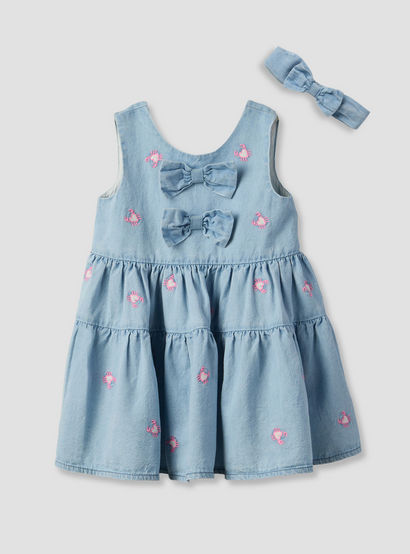 Juniors Round Neck Sleeveless Knee Length A-line Denim Dress with Headband-baby-girls-clothing-dressesandjumpsuits-image-1