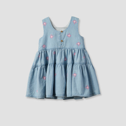 Juniors Round Neck Sleeveless Knee Length A-line Denim Dress with Headband