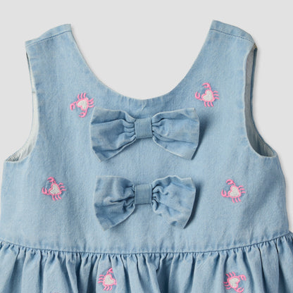 Juniors Round Neck Sleeveless Knee Length A-line Denim Dress with Headband