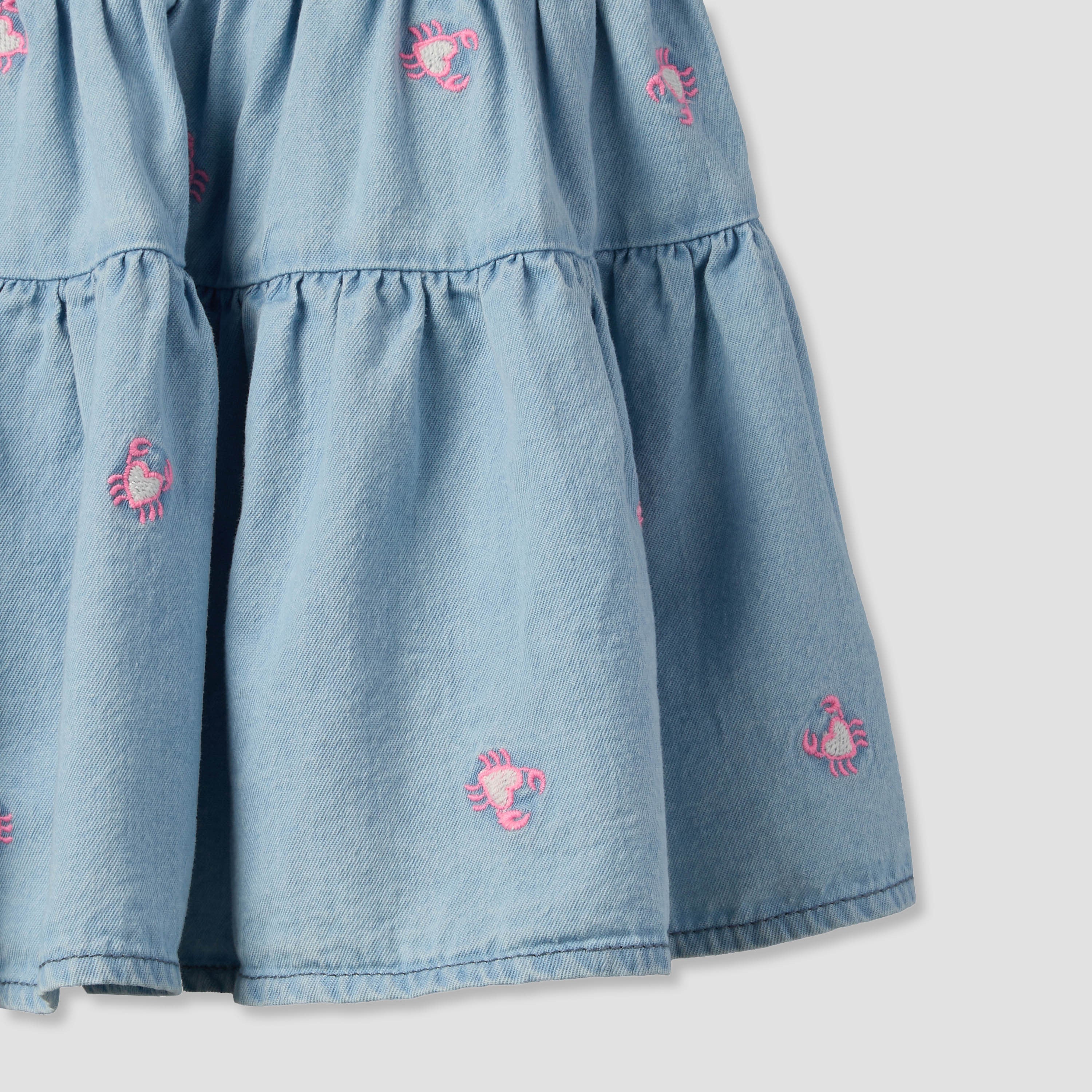 Juniors Round Neck Sleeveless Knee Length A-line Denim Dress with Headband