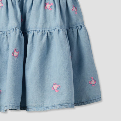 Juniors Round Neck Sleeveless Knee Length A-line Denim Dress with Headband