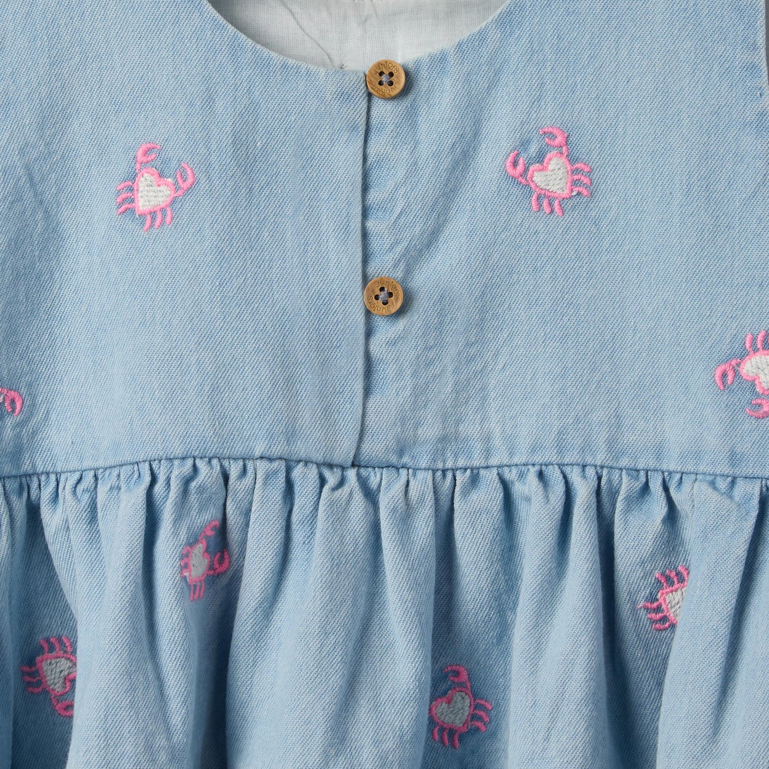 Juniors Round Neck Sleeveless Knee Length A-line Denim Dress with Headband