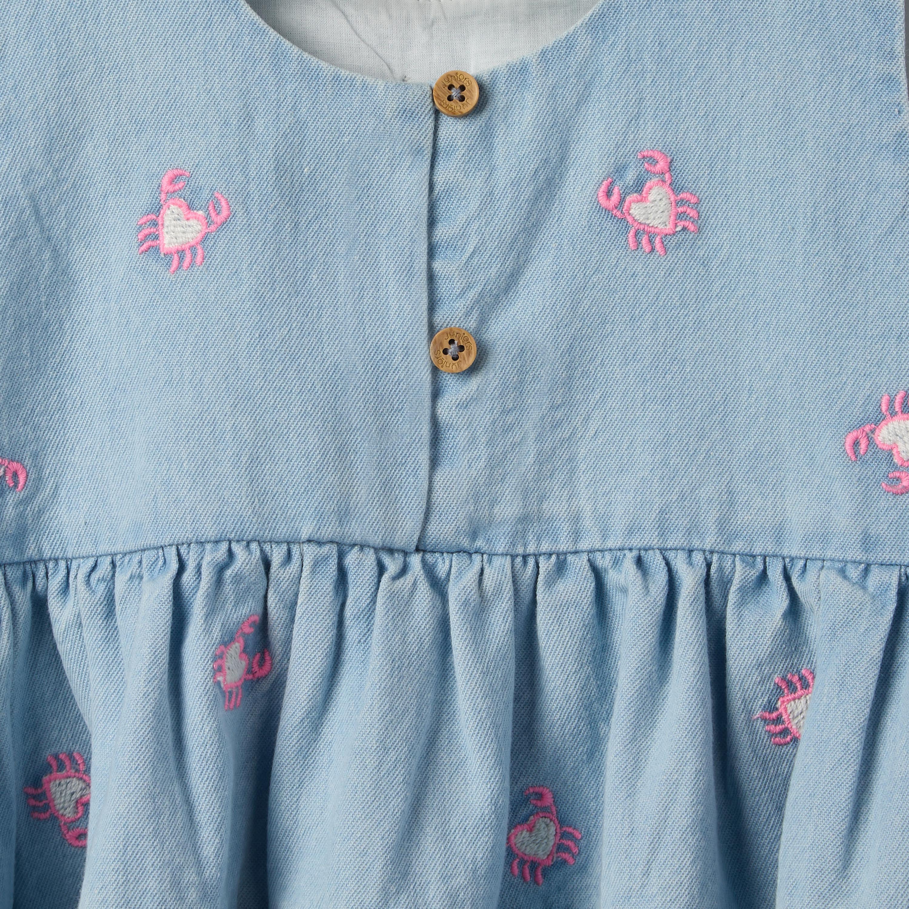 Juniors Round Neck Sleeveless Knee Length A-line Denim Dress with Headband