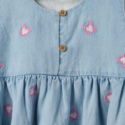 Juniors Round Neck Sleeveless Knee Length A-line Denim Dress with Headband