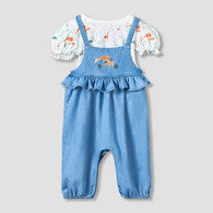 Juniors Round Neck Short Sleeves T-shirt and Dungaree Set with Giraffe Embroidery-undefined-image-1