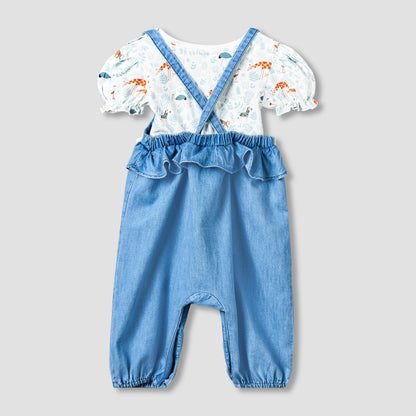 Juniors Round Neck Short Sleeves T-shirt and Dungaree Set with Giraffe Embroidery