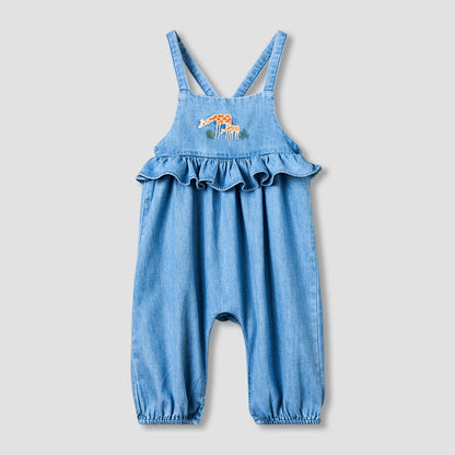 Juniors Round Neck Short Sleeves T-shirt and Dungaree Set with Giraffe Embroidery