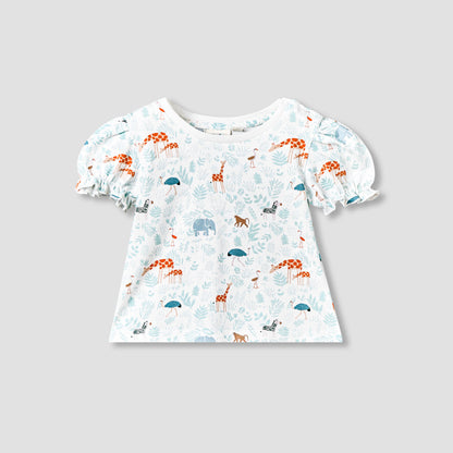 Juniors Round Neck Short Sleeves T-shirt and Dungaree Set with Giraffe Embroidery