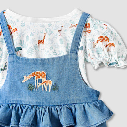 Juniors Round Neck Short Sleeves T-shirt and Dungaree Set with Giraffe Embroidery