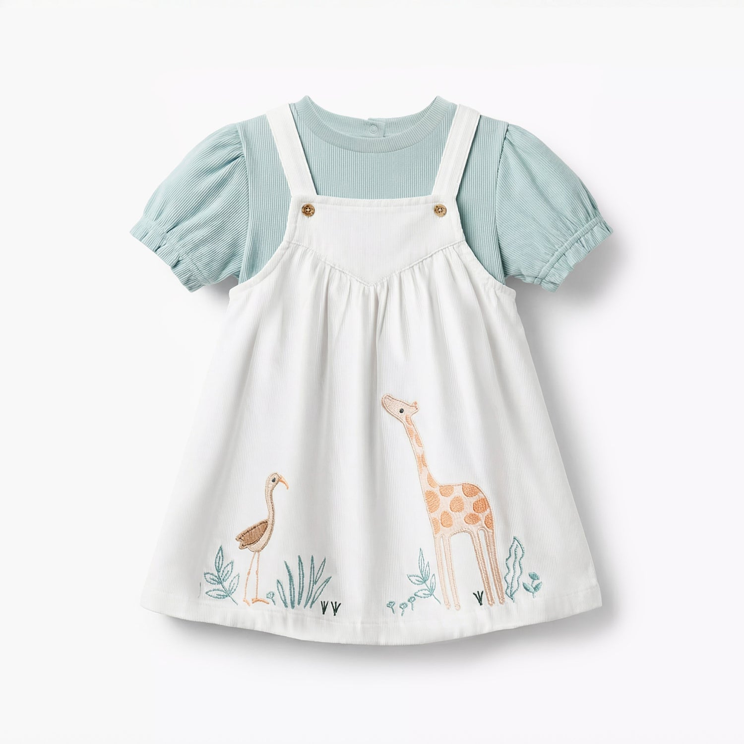 Juniors Round Neck Short Sleeves T-Shirt and Pinafore with Safari Embroidery
