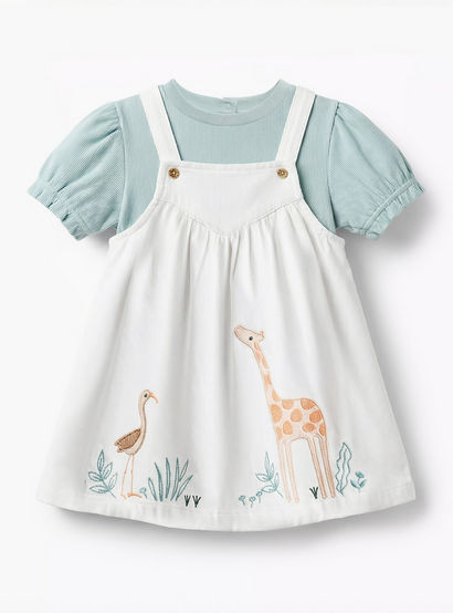 Juniors Round Neck Short Sleeves T-Shirt and Pinafore with Safari Embroidery-baby-girls-clothing-dressesandjumpsuits-image-2