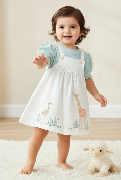 Juniors Round Neck Short Sleeves T-Shirt and Pinafore with Safari Embroidery