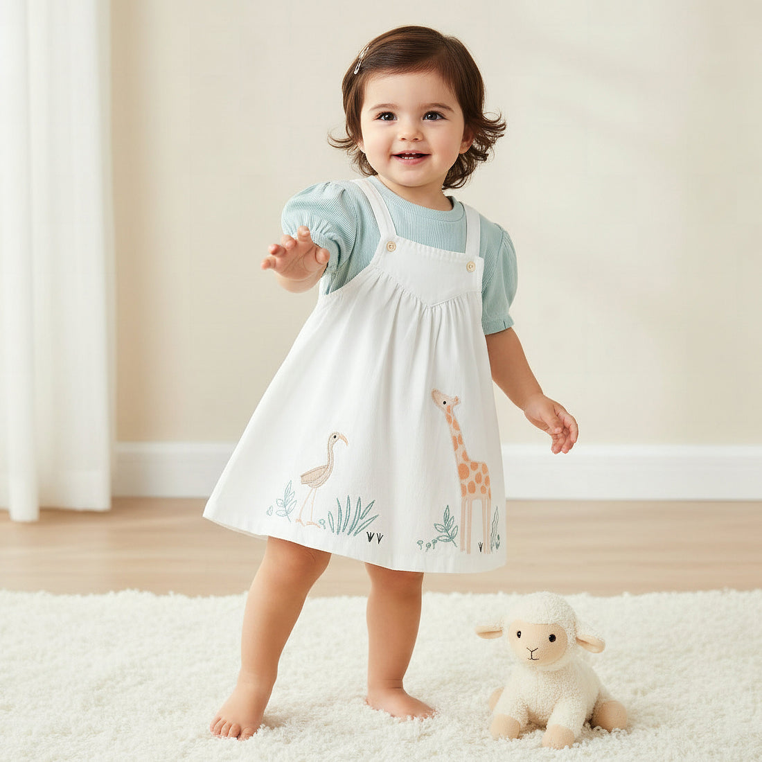Juniors Round Neck Short Sleeves T-Shirt and Pinafore with Safari Embroidery - White / 12-18 mths