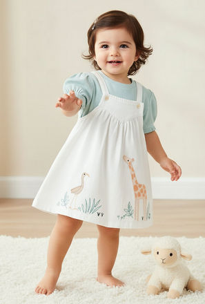 Juniors Round Neck Short Sleeves T-Shirt and Pinafore with Safari Embroidery