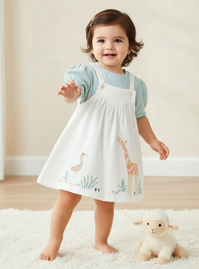 Juniors Round Neck Short Sleeves T-Shirt and Pinafore with Safari Embroidery-baby-girls-clothing-dressesandjumpsuits-image-1