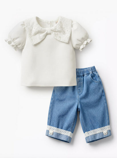 Juniors Round Neck Short Sleeves Top and Jeans Set with Bow Detail-baby-girls-clothing-setsandcoords-image-1