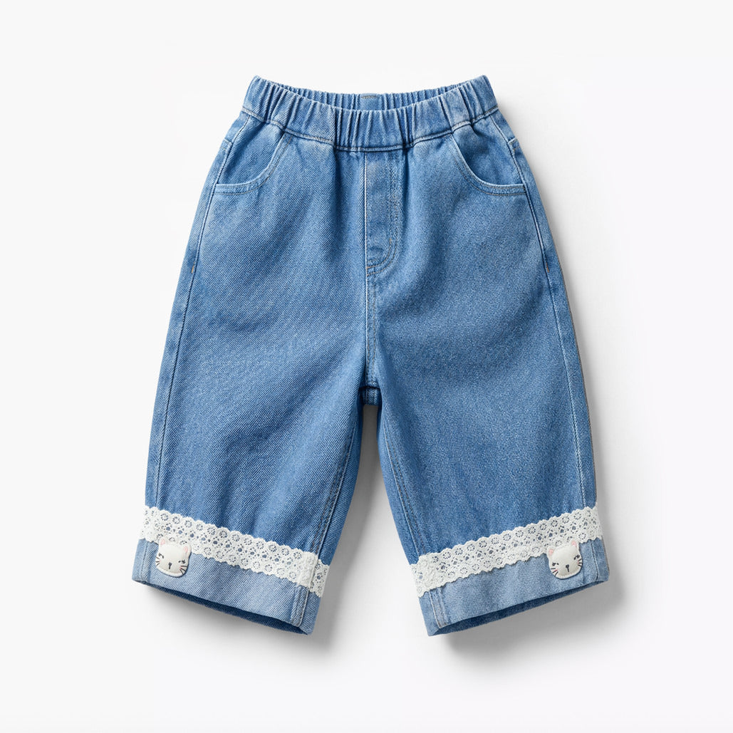 Juniors Round Neck Short Sleeves Top and Jeans Set with Bow Detail