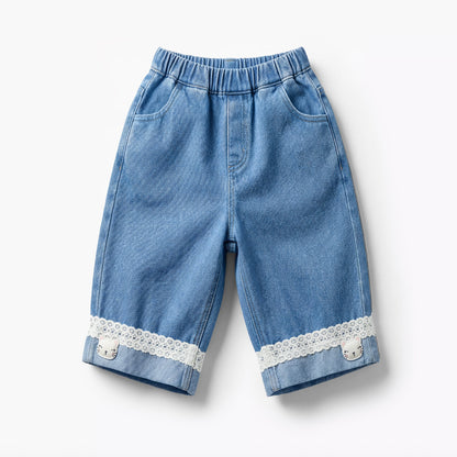 Juniors Round Neck Short Sleeves Top and Jeans Set with Bow Detail