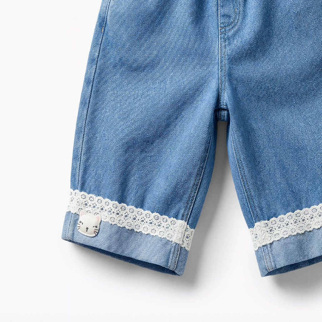 Juniors Round Neck Short Sleeves Top and Jeans Set with Bow Detail