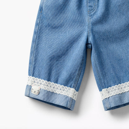Juniors Round Neck Short Sleeves Top and Jeans Set with Bow Detail