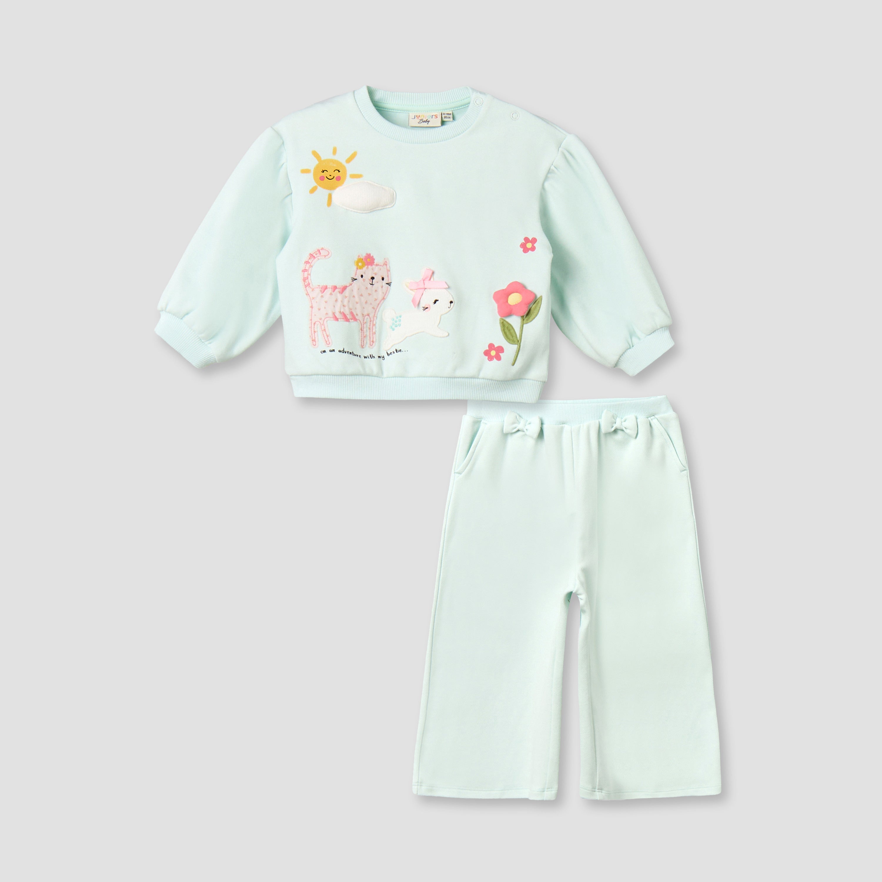 Juniors Crew Neck Long Sleeves Sweatshirt and Wide Leg Pants Set with Animal Applique