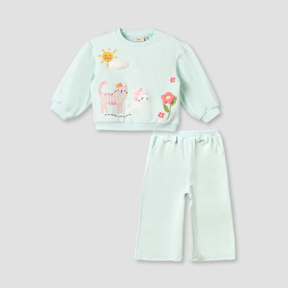 Juniors Crew Neck Long Sleeves Sweatshirt and Wide Leg Pants Set with Animal Applique