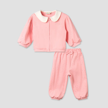 Juniors Peter Pan Collar Long Sleeves Jacket and Joggers Set with Zip Closure