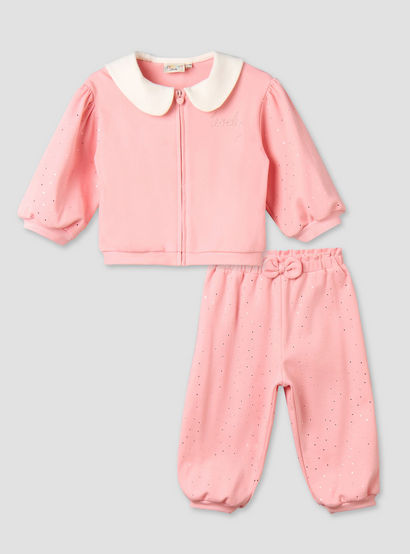 Juniors Peter Pan Collar Long Sleeves Jacket and Joggers Set with Zip Closure-baby-girls-clothing-setsandcoords-image-2