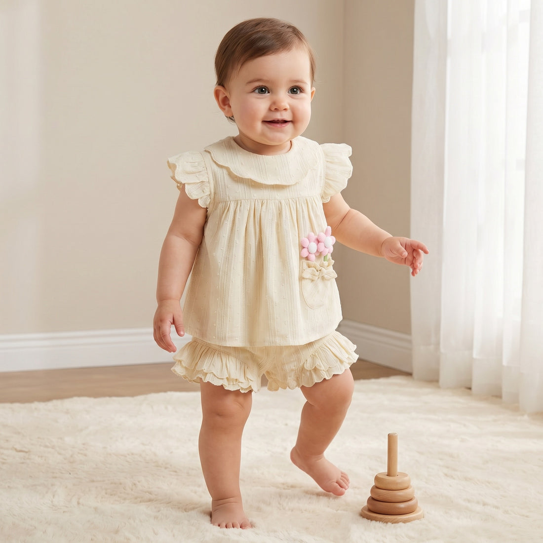 Juniors Round Neck Short Sleeves Top and Shorts Set with Floral Appique - Cream / 24-36 mths