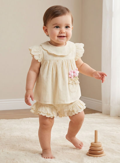 Juniors Round Neck Short Sleeves Top and Shorts Set with Floral Appique-baby-girls-clothing-setsandcoords-image-1