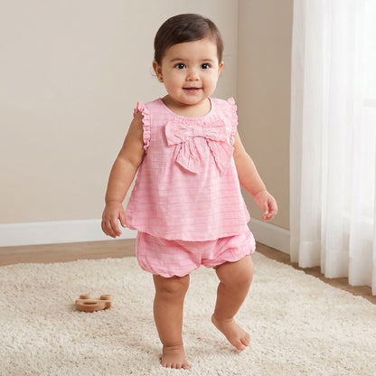 Juniors Round Neck Sleeveless Top and Shorts Set with Striped Design - Pink / 24-36 mths