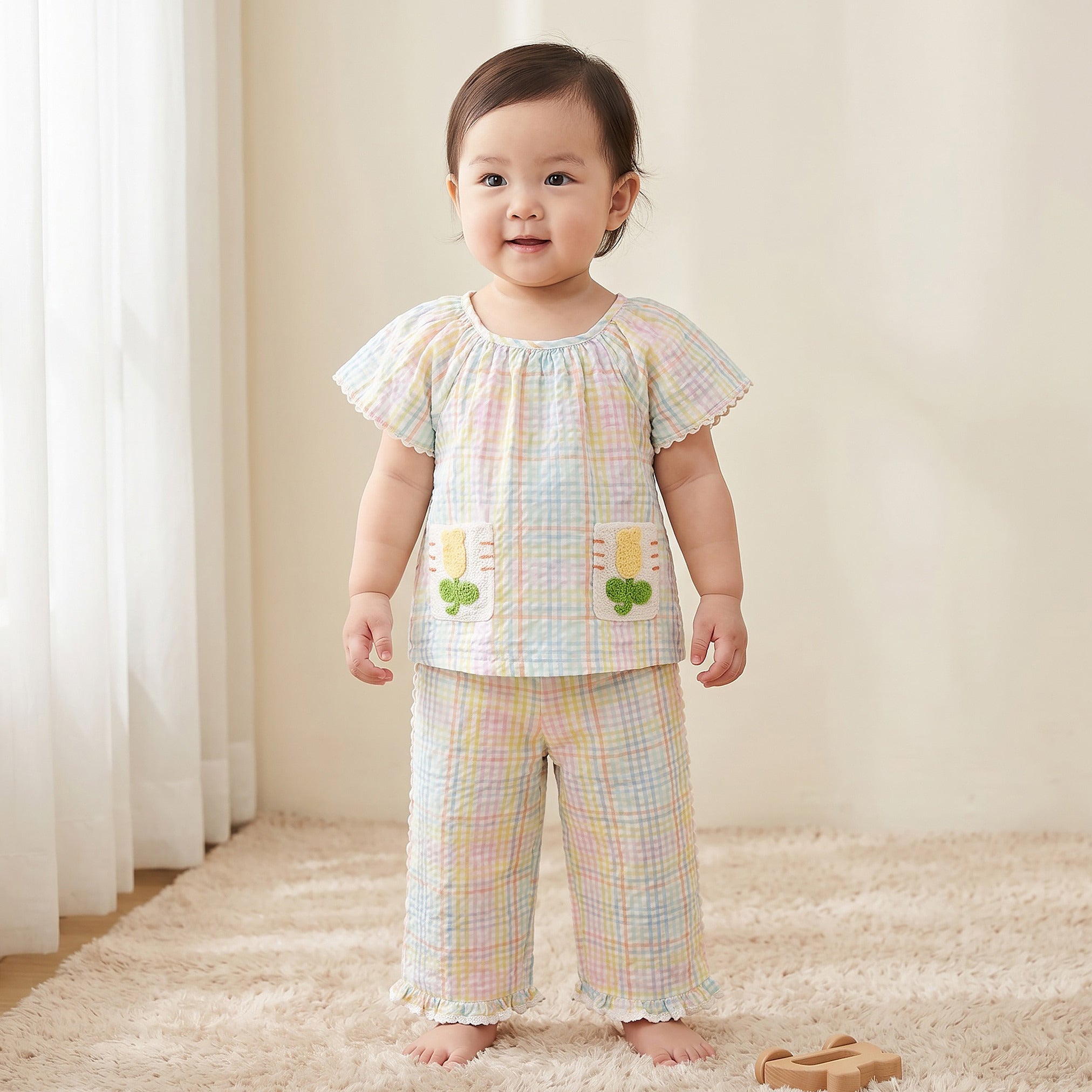 Juniors Round Neck Short Sleeves Top and Pants Set with Floral Applique