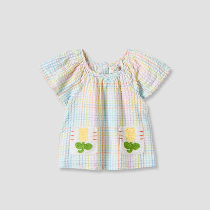 Juniors Round Neck Short Sleeves Top and Pants Set with Floral Applique