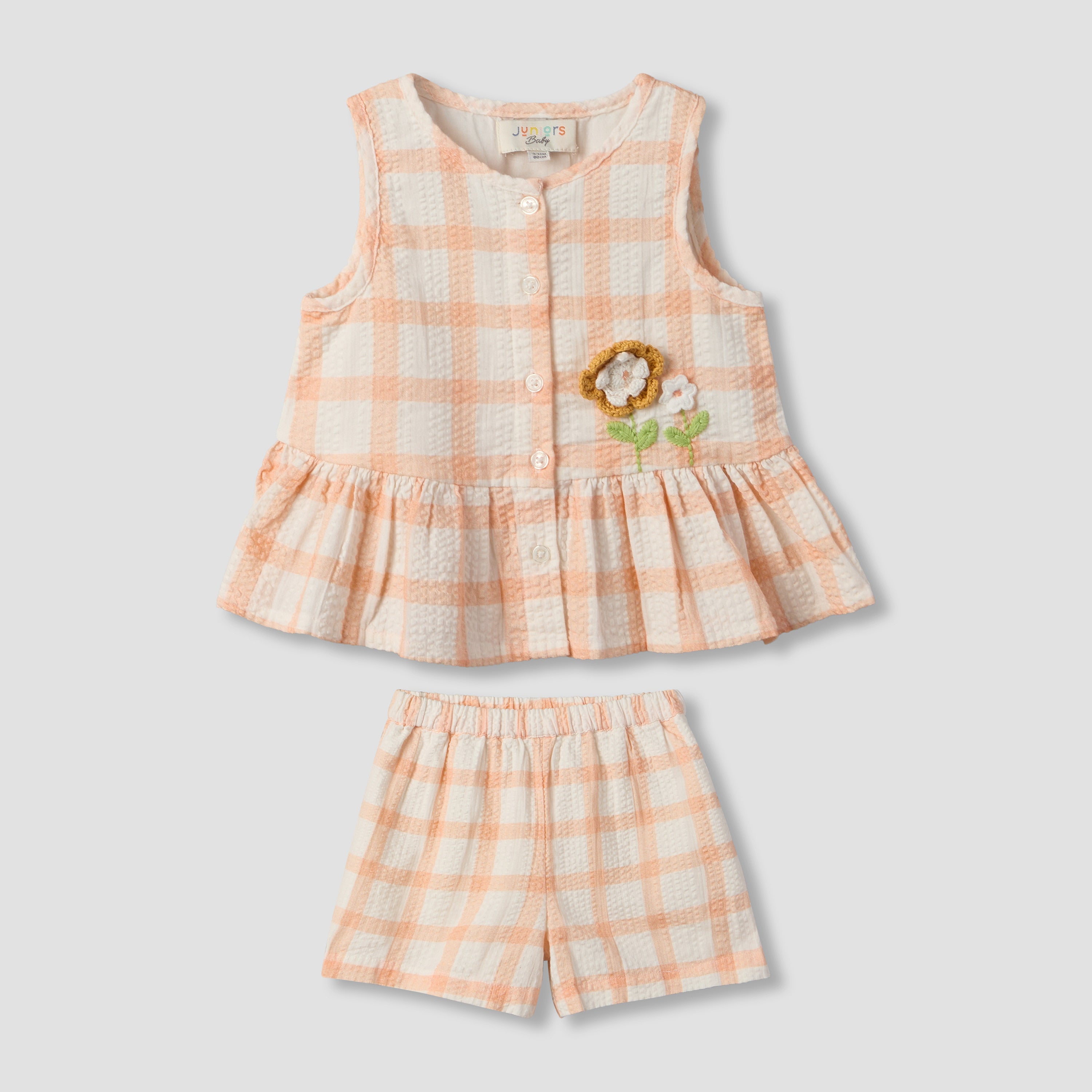 Juniors Round Neck Sleeveless Top and Shorts Set with Floral Applique - Multicolour / 12-18 mths