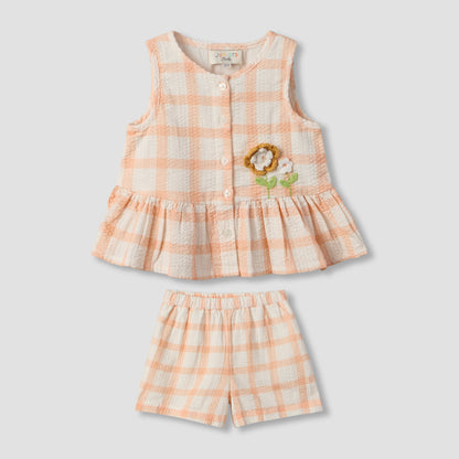Juniors Round Neck Sleeveless Top and Shorts Set with Floral Applique