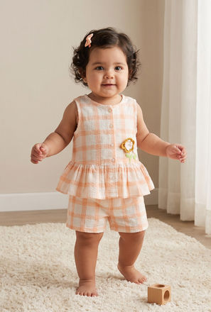 Juniors Round Neck Sleeveless Top and Shorts Set with Floral Applique