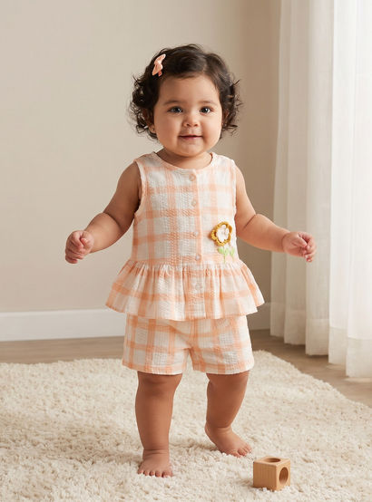 Juniors Round Neck Sleeveless Top and Shorts Set with Floral Applique-baby-girls-clothing-setsandcoords-image-1