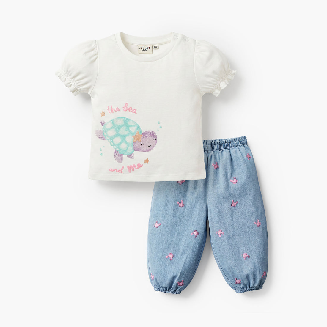 Juniors Crew Neck Short Sleeves Top and Denim Joggers Set with Turtle Print - White / 12-18 mths