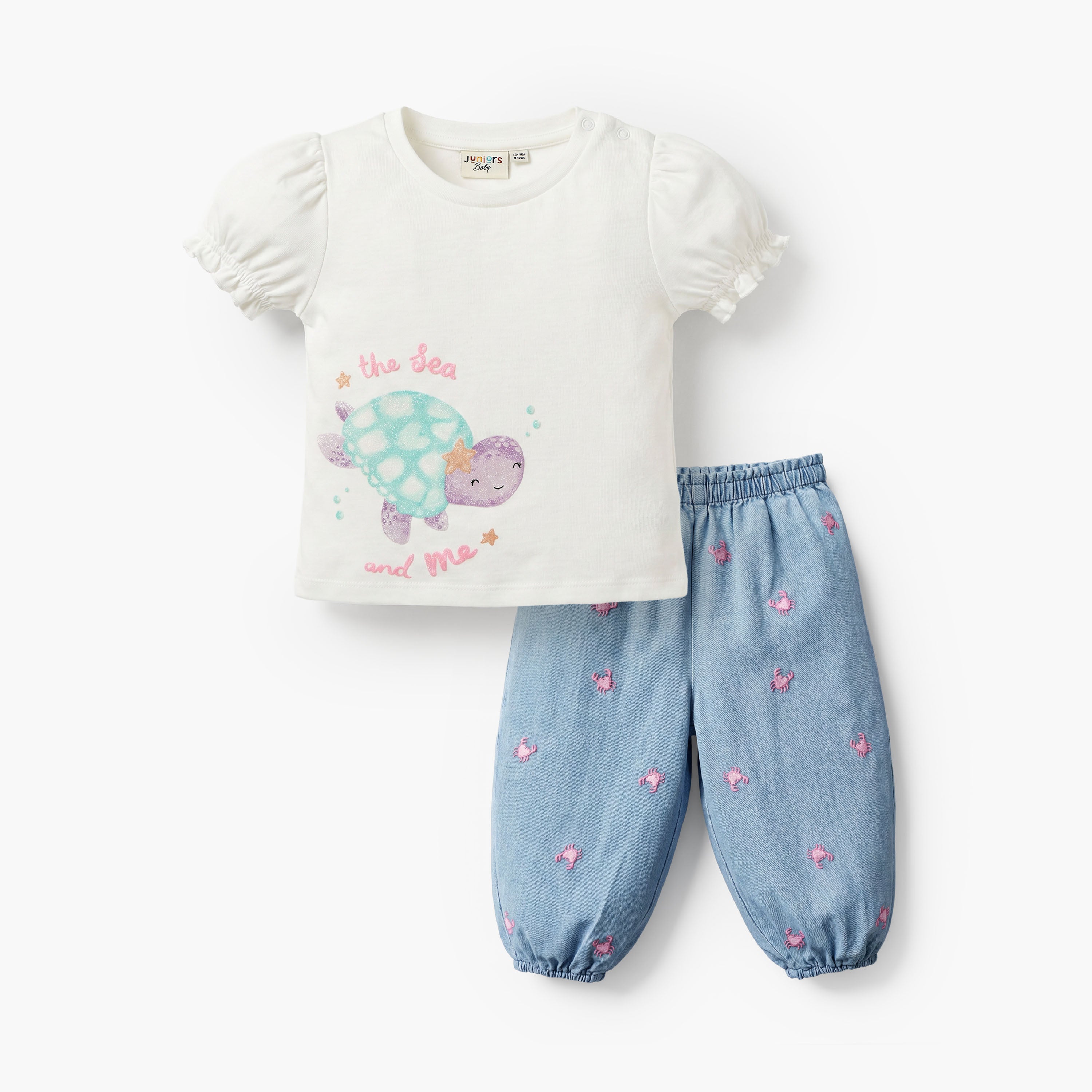 Juniors Crew Neck Short Sleeves Top and Denim Joggers Set with Turtle Print - White / 12-18 mths