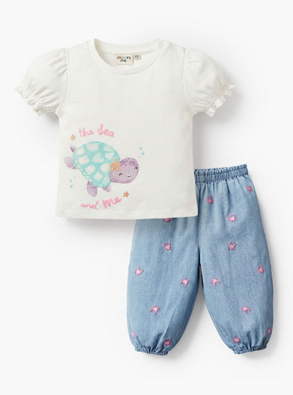 Juniors Crew Neck Short Sleeves Top and Denim Joggers Set with Turtle Print-baby-girls-clothing-setsandcoords-image-1