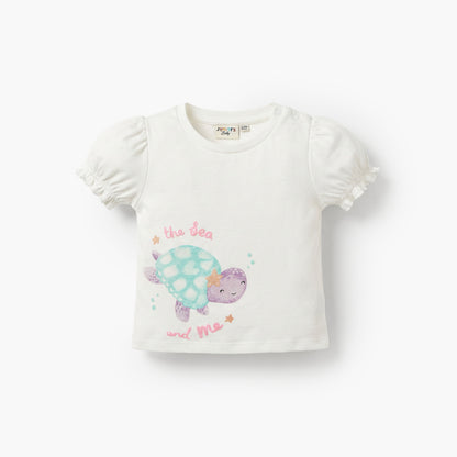 Juniors Crew Neck Short Sleeves Top and Denim Joggers Set with Turtle Print