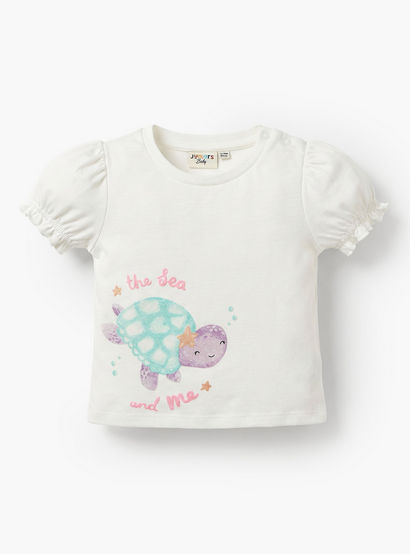 Juniors Crew Neck Short Sleeves Top and Denim Joggers Set with Turtle Print-baby-girls-clothing-setsandcoords-image-2