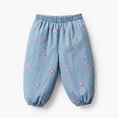 Juniors Crew Neck Short Sleeves Top and Denim Joggers Set with Turtle Print